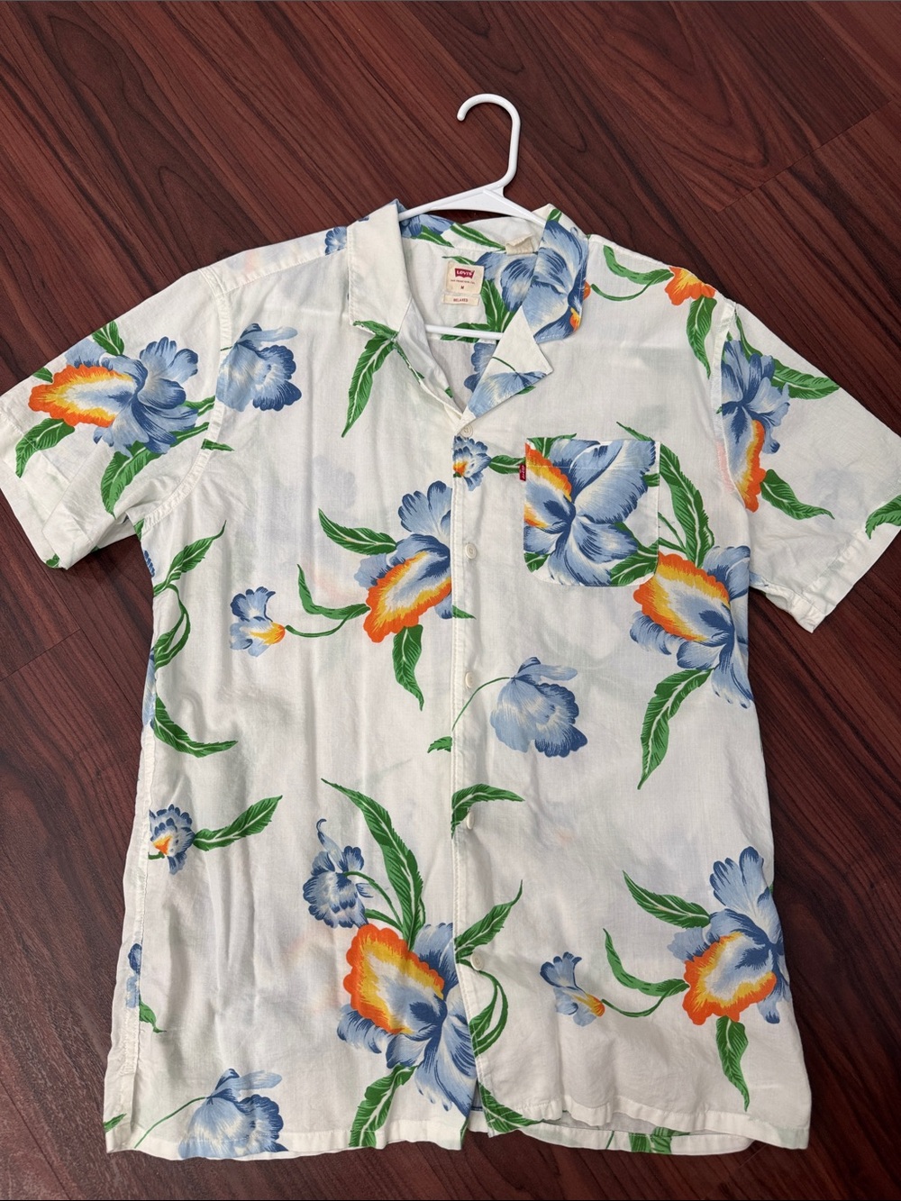 Levi's White Floral Short-Sleeve Button-Down with Blue and Orange Blooms
